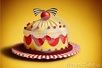 3D Render, Beautiful Colorful Cake of Amusement Park Theme Against Yellow Stock Photo