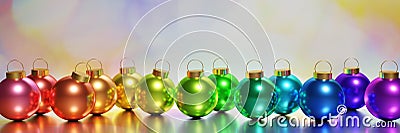 3d render of beautiful metallic rainbow xmas baubles on a colorful bokeh background Stock Photo