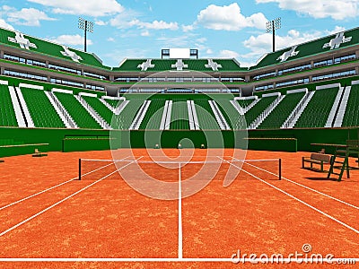 3D render of beautiful modern tennis clay court stadium green seats for fifteen thousand fans Stock Photo