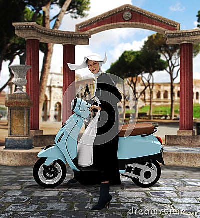 Beautiful nun riding a vespa scooter on the streets of Rome Stock Photo