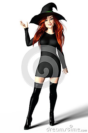 Pretty and confident young witch with her hand in the air - isolated Stock Photo