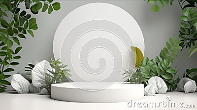 3D render beautiful white podium for whitening beauty skincare products display backdrop, templates with natural green leaves Stock Photo