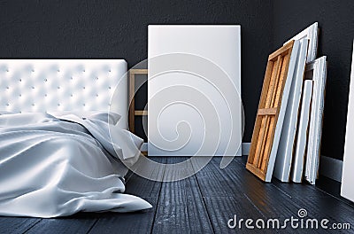 3d render bedroom with a bed and the pictures on the floor and wall. Mockup studio artist. Stock Photo