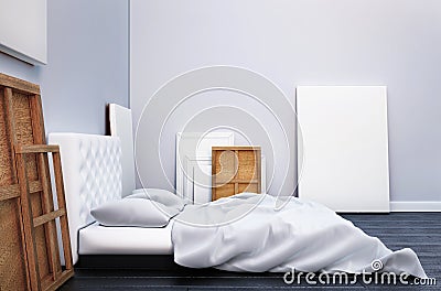 3d render bedroom with a bed and the pictures on the floor and wall. Mockup studio artist. Stock Photo