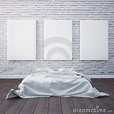 3d render bedroom with a bed and the pictures on the floor and wall. Mockup studio artist. Stock Photo