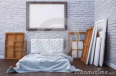 3d render bedroom with a bed and the pictures on the floor and wall. Mockup studio artist. Stock Photo