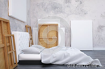 3d render bedroom with a bed and the pictures on the floor and wall. Mockup studio artist. Stock Photo