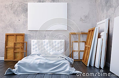 3d render bedroom with a bed and the pictures on the floor and wall. Mockup studio artist. Stock Photo