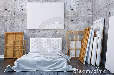 3d render bedroom with a bed and the pictures on the floor and wall. Mockup studio artist. Stock Photo