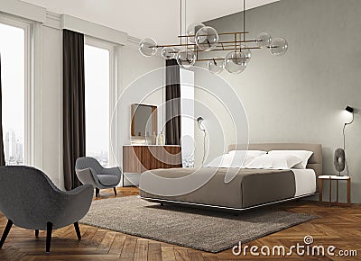 3d Render of bedroom with gray plaster wall Stock Photo
