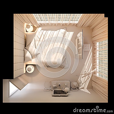 3d render of bedroom interior design in top view Cartoon Illustration