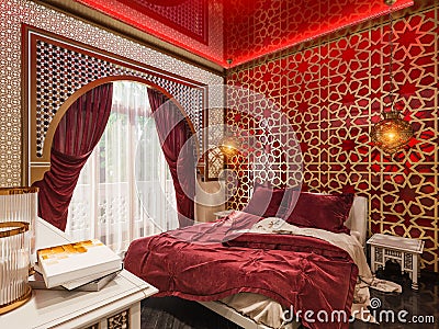 3d render bedroom Islamic style interior design Cartoon Illustration