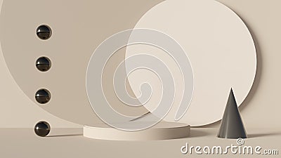 3D render beige background with empty round podium and black glass spheres Stock Photo