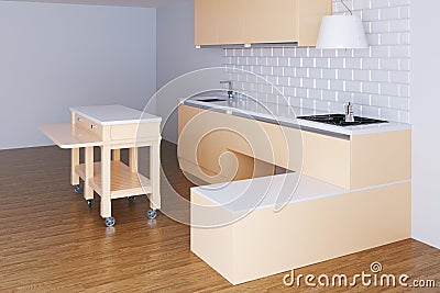 3d render beige kitchen in white room Stock Photo