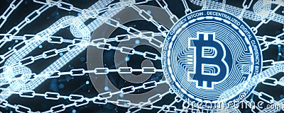 3D Render Bitcoin and Block chain for Cryptocurrency in future Blue background Stock Photo