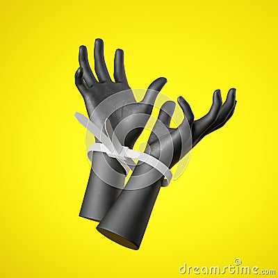 3d render, black human hands tied with plastic zip ties, isolated on yellow background. Stock Photo