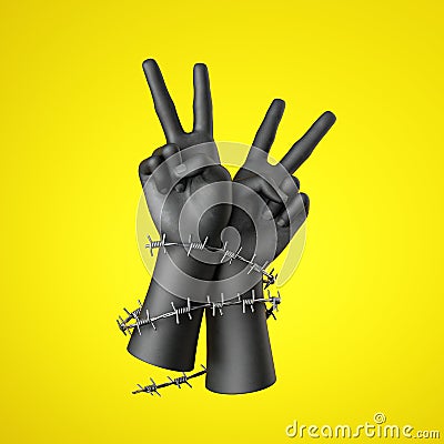 3d render, black human hands wrapped with barbwire, isolated on yellow background. Victory gesture. Never give up. Fight Stock Photo