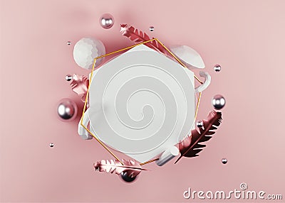 3D render of blank hexagonal frame decorated with feathers and crystal elements such as diamond. Stock Photo