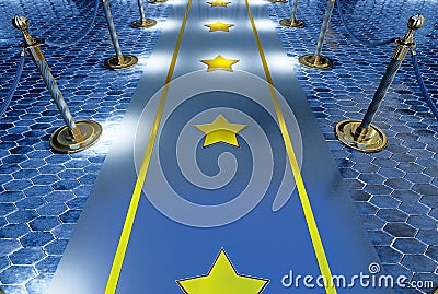 blue carpet on stars on it with golden barriers, vip concept Stock Photo