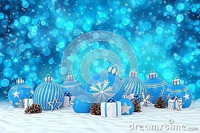 3d render - blue christmas baubles over bokeh background Stock Photo