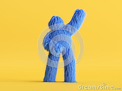 3d render, blue furry cartoon character, shaggy halloween monster, hairy beast. Unknown funny toy isolated on yellow background. Stock Photo