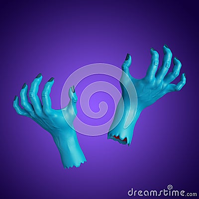 3d render, blue skin zombie hands, scary monster, Halloween clip art isolated on violet background Stock Photo
