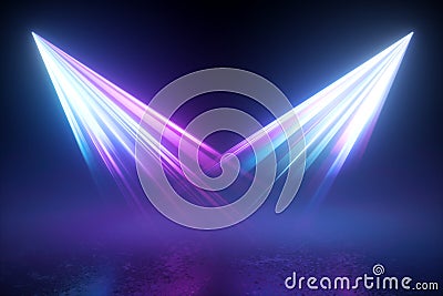 3d render. Blue violet disco illumination. Searchlights in the dark. Abstract background with two projectors, neon lights shining Stock Photo