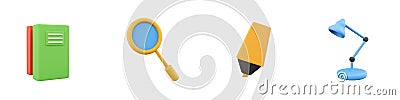 3d render book, magnifier, marker, light bulb icon set on white background. 3d rendering book, magnifier, marker, light Stock Photo