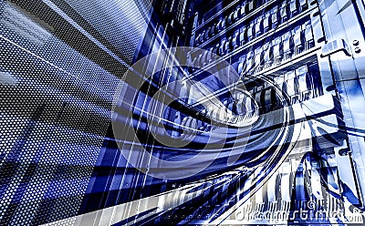 3D render Bottom view on big rack server with multiple hard drives in modern data center with a digital flow funnel . Stock Photo