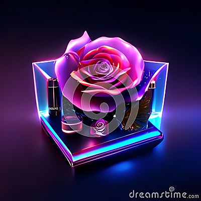 3d render of box with lipstick, perfume and rose on dark background Generative AI Stock Photo