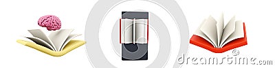 3d render brain on folder, book on black background, open book icon set on white background. 3d rendering brain on Stock Photo