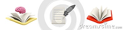 3d render brain on folder, paper roll, book icon set on white background. 3d rendering brain on folder, paper roll, book Stock Photo