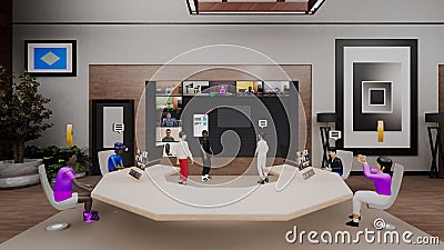 3D render of avatars on conference in virtual office Stock Photo