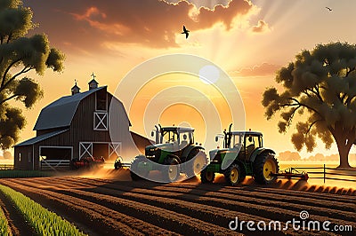 3D Render of a Bustling Farm at the Golden Hour: Tractors Tilling Fields, Farmers Harvesting Crops Stock Photo