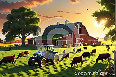 3D Render of a Bustling Farm Scene: Cows Grazing Serenely on Vibrant Green Pastures, Chickens Pecking Stock Photo