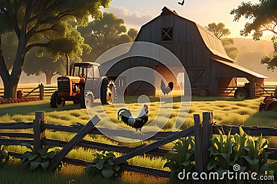 3D Render: Bustling Farm Scene at Dawn with Rooster Crowing atop a Weathered Wooden Fence, Dew-Covered Countryside Stock Photo