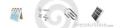 3d render calendar, mathmetical operations, attach, calculator icon set on white background. 3d rendering calendar Stock Photo