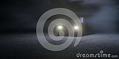 3d render of car with headlights on in a spooky, foggy paved environment Stock Photo