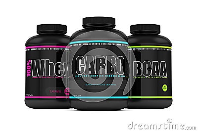 3d render of carbohydrates, whey, and bcaa jars Stock Photo