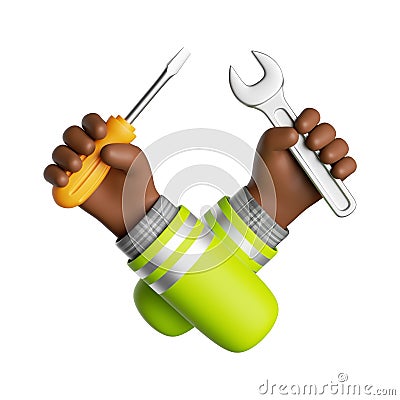 3d render, cartoon african human hands hold screwdriver and spanner wrench. Professional builder or constructor with building tool Stock Photo