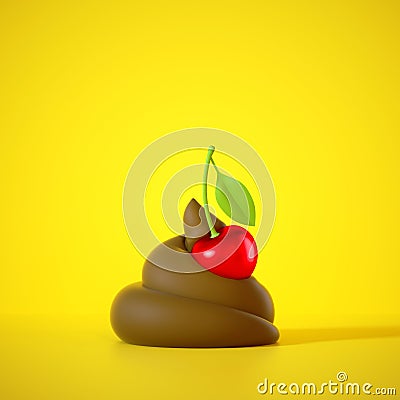 3d render, cartoon brown poop decorated with delicious cherry. Funny clip art on yellow background. Epic fail icon. Stock Photo