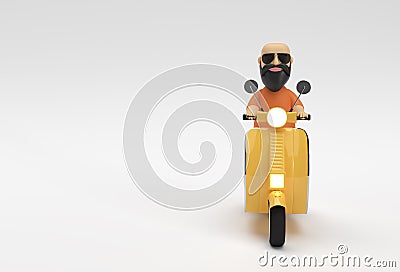 3D Render Cartoon Character Bald Man Riding Motor Scooter Side View on a White Background Stock Photo