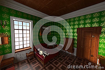 Render of Cartoon Character in Baroque Bedroom Stock Photo