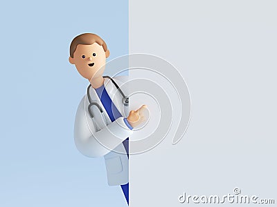 3d render, cartoon character doctor wearing uniform and stethoscope, pointing finger, medical background, blank banner Stock Photo