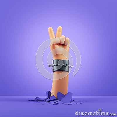 3d render, cartoon character hand, victory gesture, blank poster mockup. Rock concert clip art isolated on violet background. Stock Photo