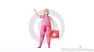 3d render, cartoon character woman doctor wears pink uniform, holds red case first aid kit. Medical clip art isolated Stock Photo