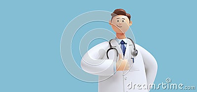 3d render. Cartoon character young caucasian man doctor, wears uniform, shows like gesture thumb up. Medical clip art isolated on Stock Photo