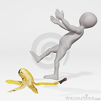 Render of Cartoon Charcter Falling on Banana Peel Stock Photo