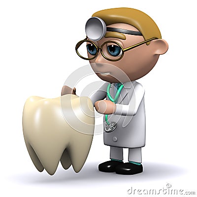 3d Cartoon Dentist character looking at a tooth Stock Photo