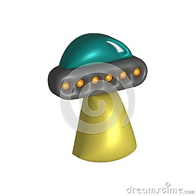 3d render cartoon flying UFO on white background. Cute stylised alien spaceship. Colorful bright vector illustration for science Cartoon Illustration